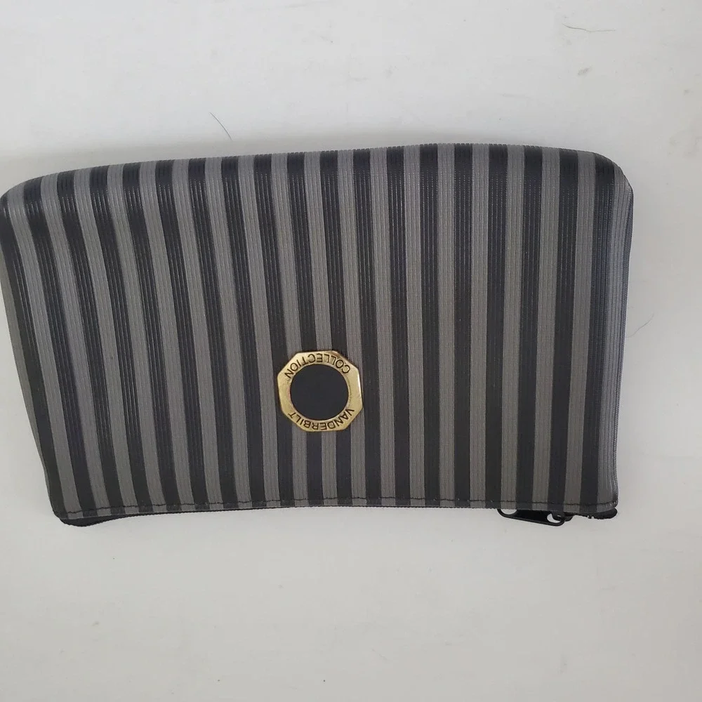 Gloria Vanderbilt Collection Grey Black Striped PVC Cosmetic Pouch V5413 - Picture 1 of 9